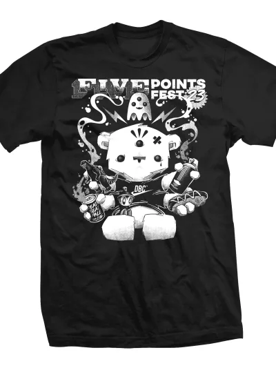 Black Shirt with Text Five Points and a Dunny character holding weapon